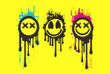 Set Of Black Graffiti Spray Emojis. Grunge Melting Smiling Faces. Paint Streaks. Grunge Black Ink, Splash Stain And Drip Vector Illustration.