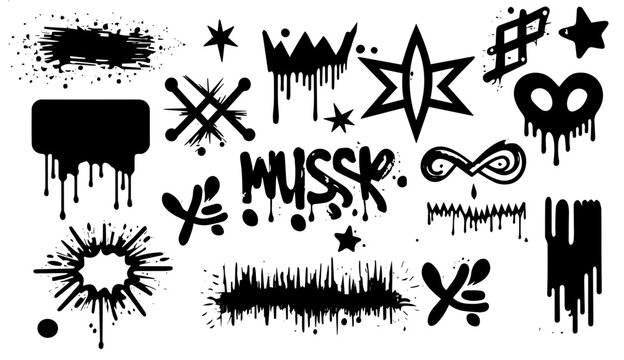 Grunge vector collection of symbols, crown, sun, star, face, frame. Set of black graffiti spray icons. Spray strokes elements on white background for banner, decoration, street art and ads.