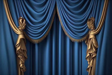 blue fabric with gold tassels, representing curtains Generative AI