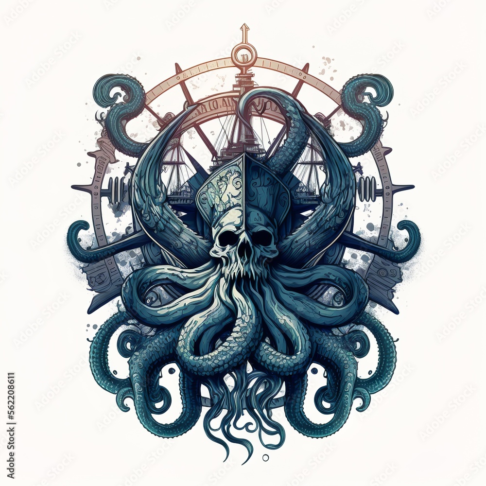 Nautical sailor deep sea giant octopus and tentacles logo with ship and ...