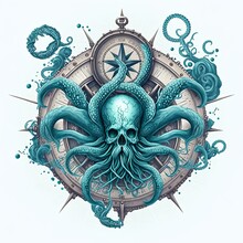 Nautical Sailor Deep Sea Giant Octopus And Tentacles Logo With Ship And Anchor Isolated Design