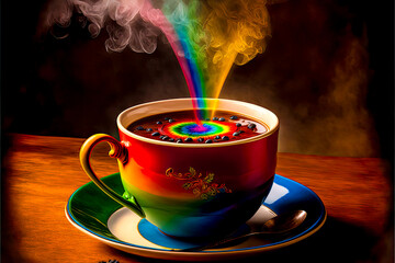 a cup of tea with a rainbow - Generative AI