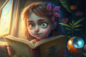 A girl child reads a story and lives its events of fantasy, adventure and excitement - Generative AI