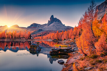 Wall Mural - first sunlight glowing hills of federa lake. spectacular sunrise in dolomite alps with orange larch 