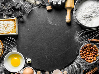 Sticker - Baking background. Ingredients for the preparation of fresh dough.