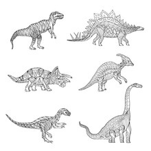 Hand Drawn Ceratosaurus, Stegosaurus, Parasaurolophus, Janenschia, Velociraptor, Triceratops. Coloring Book Page Antistress For Adult And Child. Prehistoric Doodle Dinosaur. Vector Sketch Illustration
