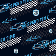 Speed Seamless Pattern With Sport Car, Chequered Board, Arrows. Blue, Black And White Background. Racing Repeat Print For Sport Textile, Wrapping Paper. Automobile Endless Ornament 