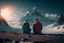 couple sitting in front of a mountain looking at the northern lights, generative AI