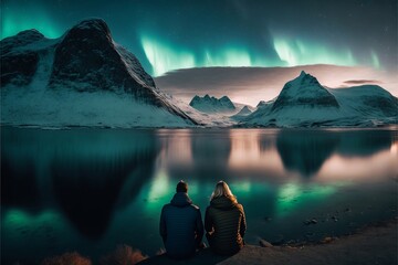 couple sitting in front of a mountain looking at the northern lights, generative ai