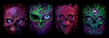 Set Of Colorful Spooky Skulls With Trees. Generative AI.