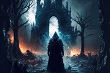 Black robe magician summoning huge black energy, ruined castle in the background, medieval fantasy.