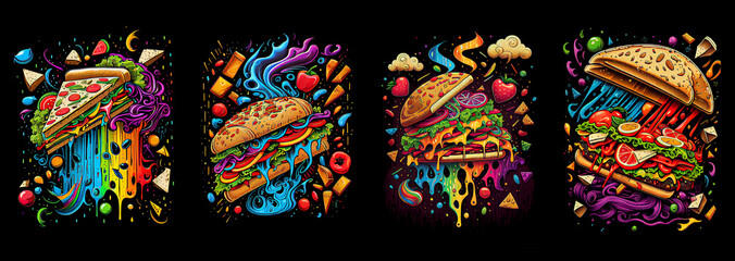 Wall Mural - Set of fast food on black background. Generative AI.