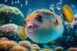 Blowfish underwater in coral reef