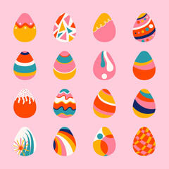 Wall Mural - Easter eggs collection vector illustration isolated on pink. Painted colorful eggs. 16 Vibrant holiday clip art elements in bright retro style