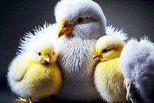 White Chicken With Cute Fluffy Chicks With Yellow Beaks