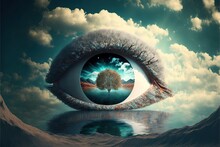  A Surreal Image Of A Tree In The Eye Of A Person With A Sky Background And Clouds In The Background, With A Tree In The Center Of The Eye Of The Image, A Reflection, A.