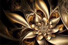  A Computer Generated Image Of A Gold Flower With A Black Background And Gold Leaves And Flowers On The Petals Of The Flower Are Gold And Brown, And Gold, And White, With A.