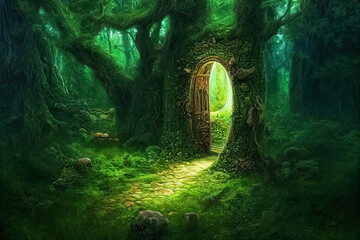 Poster - Magic teleport portal in mystic fairy tale forest. Gate to parallel fantasy surreal world. Generative AI.