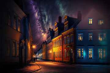 Wall Mural - town street at night with northern lights. Generative AI picture.