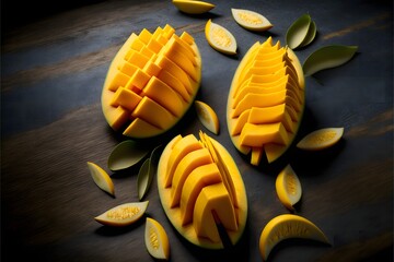 Wall Mural - A plate of various raw mango slices, arranged in a geometric pattern for a modern and visually interesting look