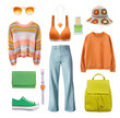 Orange green modern casual clothes isolated on white, set of bright spring female clothing. Women's apparel.