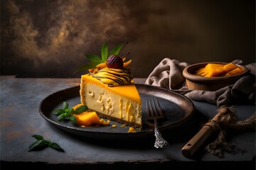 Canvas Print - Mango Cheesecake professional shot in a modern rustic background