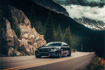 Canvas Print -  a black car driving down a road next to a mountain range with a cloudy sky above it and a mountain range in the background with a few trees and a few clouds in the sky. Generative AI 