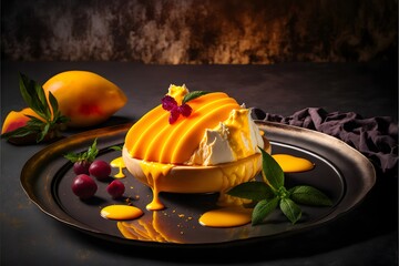 Sticker - Mango dessert with layers of sweet bread, cream, ice-cream, and freshly cut pieces of mangoes with a side of mint, berries, mango sauce, and fruits.