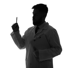 Wall Mural - Silhouette of male doctor with clipboard and pen on white background