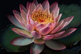 Fototapeta Kwiaty -  a pink flower with yellow center surrounded by water lilies and leaves on a black background with a black background and a white border around the center of the flower is a yellow. Generative AI 