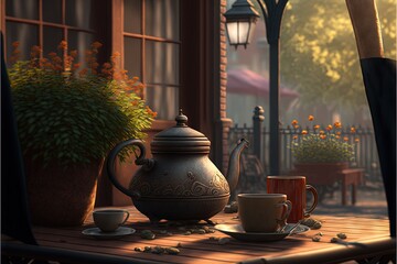  a tea pot and cups on a table outside a building with a lamp post in the background and a potted plant in the foreground with flowers and a lamppost in the foreground. Generative AI 