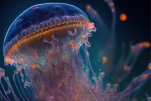  A Jellyfish With A Yellow Ring Around Its Neck And A Blue Background With Orange Dots On Its Body And Head, With A Black Background With A Blue Border With A Yellow Border And. Generative AI 