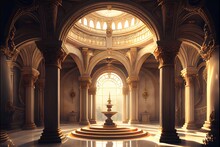 Fantasy Palace Interior With Golden Decor And Castle-like Features. Generative AI