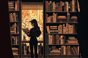  a woman standing in front of a book shelf filled with books and looking at a book in the window of a library with a full bookcase behind her is a window with bookshelves. Generative AI 