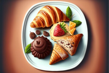 Sticker -  a plate of food with a pastry, chocolate, and fruit on it, and a pastry with a strawberry on top of it, on a brown background with a brown background with a. Generative AI 