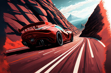 Canvas Print -  a red sports car driving down a road next to a mountain side cliff side area with a red sky and clouds above it, and a red and white line of rocks below the road. Generative AI 