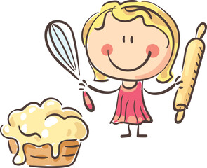 Wall Mural - Cartoon doodle kid clipart. Girl and dough, preparing baking, isolated on white.