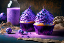 Original Cupcakes On Blueberry Dough With Bright Decoration Of Purple Cream