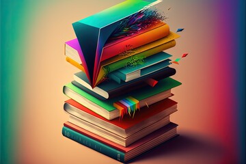 Wall Mural -  a stack of books with a colorful cover on top of it and a feather on top of it, with a rainbow background and a blue sky background behind it, and a pink,. Generative AI 