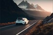 © Anna - a white car driving down a road next to mountains and snow covered mountains in the background with a sunset in the foreground and a mountain range in the background. Generative AI