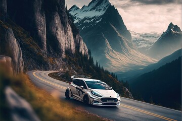 Wall Mural -  a car driving down a mountain road with mountains in the background and clouds in the sky above it, with a mountain range in the background, with a white car driving on the road. Generative AI