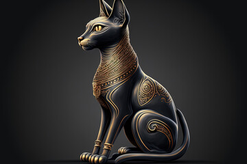 Egyptian cat statue, dark backdrop, isolated. Generative AI