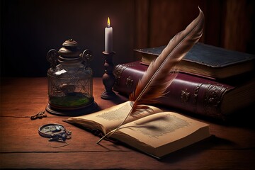  a book, a candle, a pocket watch, and a feather quill on a table with a candle and a book on it with a clock on it and a candlelight in the background. Generative AI