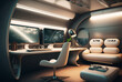a private modern room in a spaceship with desk and sofa in cramped space, concept of traveling or living in space. Generative AI
