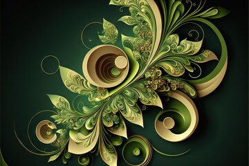 Poster -  a green and gold abstract design with swirls and leaves on a dark background with a green background and a black background with a white border with a green border and gold border. Generative AI