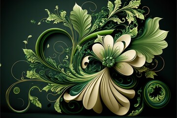 Poster -  a green and white floral design on a black background with swirls and leaves on it's sides and a green background with a white flower on the top and bottom corner of the bottom. Generative AI