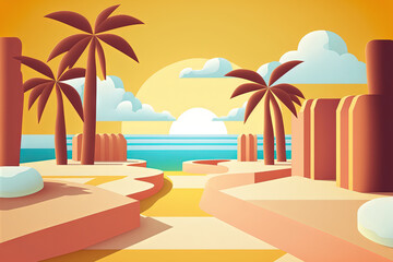 Poster - Simple geometric platform with a beach backdrop and palm trees in the sunlight. Generative AI