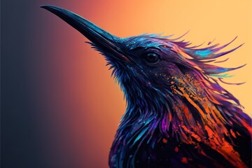  a bird with a long beak and a colorful background is shown in this image, it is looking up at the sky and has a very colorful, colorful, feathery, feathery,. generative ai