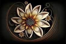  A Large Flower With A Black Background And A Brown Center With Swirls And Dots On It, With A Black Background And A Brown Center With A Gold Center With A White Flower And A. Generative Ai