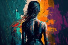  A Painting Of A Woman In A Black Dress With A Colorful Background And A Splash Of Paint On The Wall Behind Her Back Of Her Head, And Her Back To The Camera, Her. Generative Ai